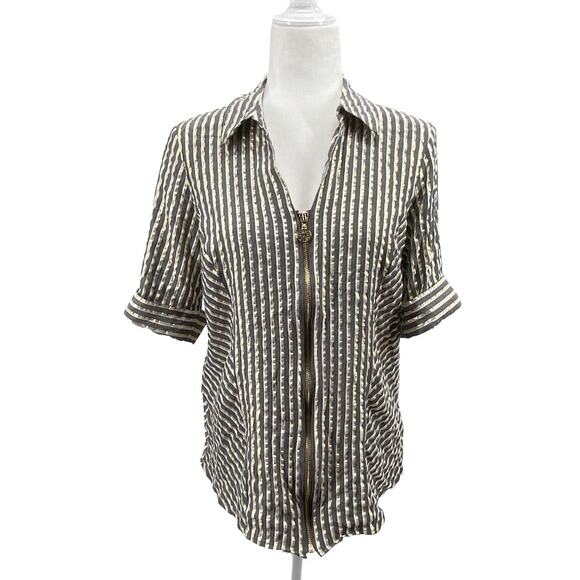 Anne Klein Tops - Anne Klein Gold Stripe Zip Front Blouse Women Short Sleeve Career Top